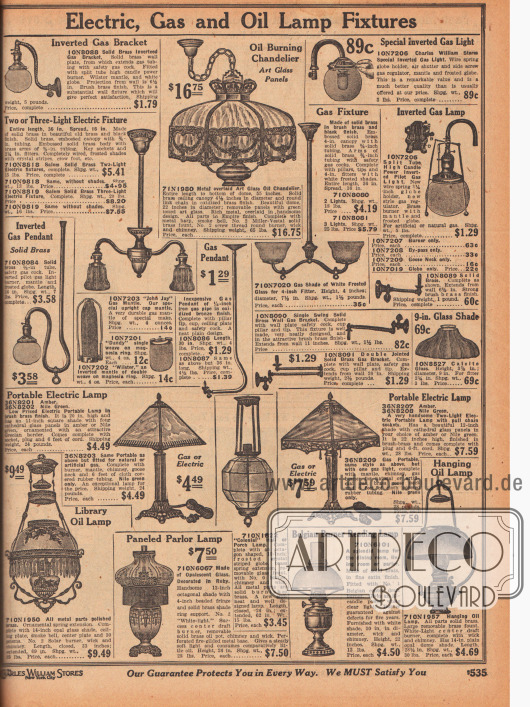 „Elektrische, gas- oder ölbetriebene Lampeninstallationen“ (engl. „Electric, Gas and Oil Lamp Fixtures“).
Angebot mit speziellen Gaslaternen, Gasleitungen und entsprechenden Installationen zum Betrieb von Gaslampen, ölbetriebene Deckenleuchter und Leuchten, ornamentale ölbefeuerte Lesezimmerlampen mit kunstvollen Messingaufhängungen, Messingverschraubungen und bemalten Glasschirmen, Verandalampen im Kolonialstil, schmuckvolle, opalisierende Tischlampen für Empfangszimmer sowie elektrische Tisch- und Schreibtischlampen mit Messingstandbeinen.