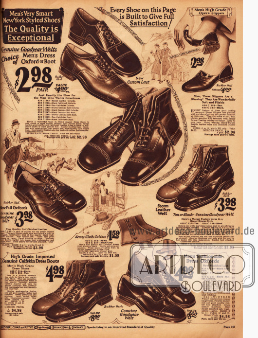 Elegante Herrenschuhe und Stiefeletten mit kantig geformten Spitzen, wahlweise in Schwarz oder Tan.
Auch Gamaschen und Leder-Slipper sind von dieser Seite bestellbar.