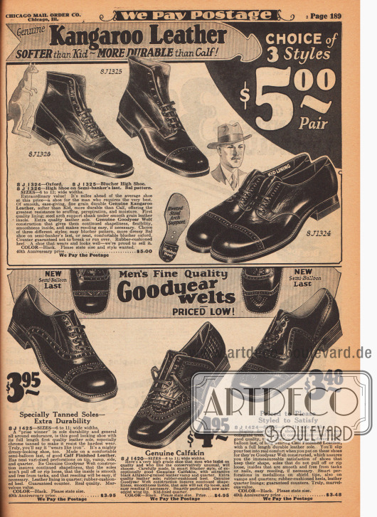 Herrenschuhe und Stiefeletten (hier „Semi-banker“ genannt) aus echtem Känguruleder (oben) und Kalbsleder. Ein Modell ist zudem mit reptilienartig genarbtem Leder versehen.
Der Großteil der Schuhe zeigt nur Randperforationen und kaum Lochlinienverzierungen (Halfbrogue). Nur ein Modell zeigt auf der Querkappe Lochverzierungen (Semibrogue). Um eine besonders lange Haltbarkeit zu gewährleisten sind die Herrenschuhe Goodyear welted.