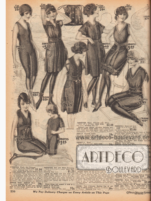 Schwarze und marineblaue Badeanzüge und Badetrikots sowie passende Badehauben, Strandschuhe aus Kanevas und eine Badetasche für Frauen und Mädchen.
Die ein- oder zweiteiligen Badeanzüge sind aus Baumwoll-Serge, Baumwoll-Jersey, „Cotton Surf Cloth“ (?) oder „Panama Sicilian Cloth“ (ähnlich Angorawolle). Viele Badeanzüge besitzen Taschen und Gürtel. Ziernähte, Borten und Paspeln werten die Modelle auf. Unter den kleidähnlichen Badeanzügen verbergen sich Schlupfhöschen. Der Saum der Badeanzüge und die Beine der darunter befindlichen Höschen sind Knie lang.
Das Modell oben links (39B6711) wird unter einem der Schlupfbadeanzüge getragen.