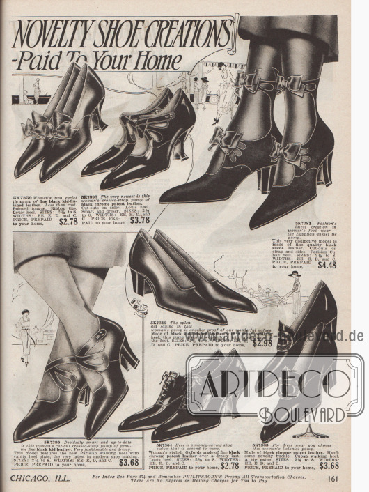 Doppelseite mit 14 Damenpumps aus Ziegen- und Wildleder oder überwiegend Lackleder. Die meisten der Modelle zeigen interessant gearbeitete Schnallen, Nähte oder Perforationen. Viele Schuhe werden von Schleifen geziert. Zwei Paare im Kolonialstil (ohne Schnalle, aber mit großer Zierschnalle) und ein Paar Oxfords werden angeboten. Louis XIV Absätze überwiegen, dagegen zeigen alle Modelle eine spitze Kappe.