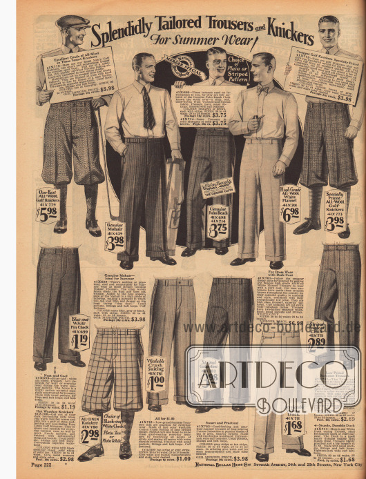 Anzughosen, Hosen für die warmen Sommertage und kurz Sporthosen (Knickerbocker) aus Wollstoffen, Mohair, „Palm Beach Cloth“ (leichtes Mischgewebe aus Mohair und Baumwolle), Woll-Flanell, Leinen, leichtem Baumwollstoff, gestreiftem Gabardine und „Tropical Cloth“ (leichtes Woll-Baumwoll Mischgewebe).