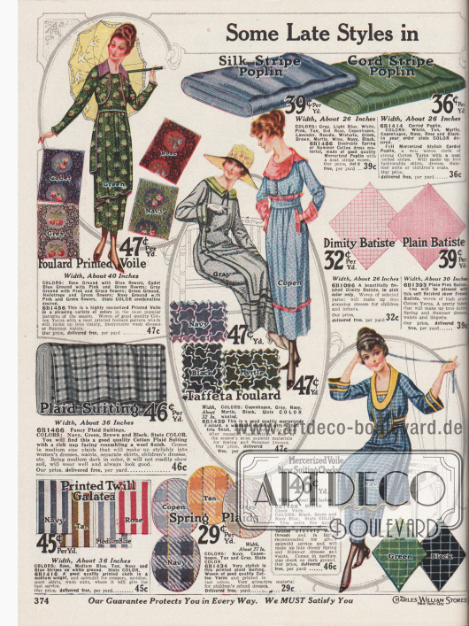 Doppelseite mit bedruckten, leichten Kleiderstoffen für den Sommer in unterschiedlichen Musterungen wie Wollstoffe, Foulard, Schleierstoff, Popeline, Batist, Taft und merzerisiertem Schleierstoff.