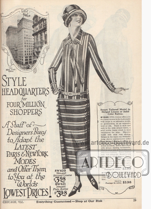 „Style headquarters for four million shoppers. A Staff of Designers Busy to Adopt the Latest Paris & New York Modes and Offer Them to You at the Worlds Lowest Prices!“ (dt. „Modezentrale für vier Millionen Käufer. Ein Heer von Designern ist beschäftigt um die neuesten Pariser & New Yorker Moden zu übernehmen und Ihnen zu den weltweit niedrigsten Preisen anzubieten!“
Das nebenstehende Kleid zeigt die neue röhrenartige Linie des Jahres 1924. Das Modell ist entweder in gestreiftem Leinen oder Ratine erhältlich. Hierbei ist der gestreifte Stoff im Oberteil vertikal und beim Rock horizontal verarbeitet. Zwei seitliche Knopfleisten dienen als Zierde.