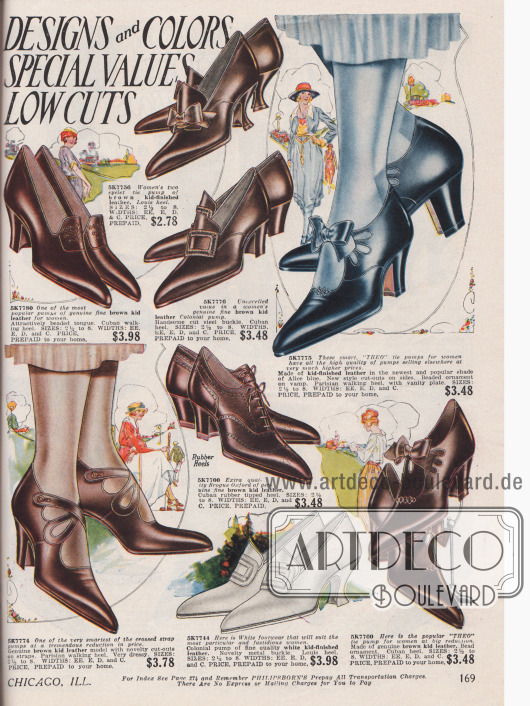 Die Doppelseite mit Damenschuhen aus Ziegen-, Wild- und Veloursleder zeigt die beliebtesten Halbschuhe der frühen Zwanziger Jahre: relativ hoch geschlossene Oxfords (3 Modelle), Kolonialpumps mit Zierschnallen aus Metall (3 Paare), gewöhnliche Pumps mit Zierlasche (2 Paare), Pumps mit einer oder zwei Schnallen (7 Modelle) und ein „Egyptian anklet“ Paar, das mit einem hohen Knöchelriemchen geschlossen wird. Ziernähte, Perforationen, Schleifen und kleine Perlen geben Abwechslung.
