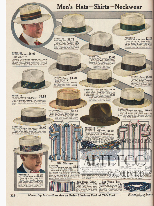 „Herrenhüte – Hemden – Krawatten“ (engl. „Men’s Hats – Shirts – Neckwear“).
Ungefütterte, leichte Sommerhüte aus Panama Stroh, Stroh aus Puerto Rico und Japan, Java Stroh, „Sennitt Straw“ und „Split Straw“ sowie ein Hut aus Filz. Alle Modelle sind mit Ripsband und dezenter Schleife für Männer hergestellt.
Die speziellen Hutformen sind: „Alpine Style“ (beidseitig im Kopf eingedrückt mit Falte dazwischen) „Boater“ (sogenannte „Kreissäge“, glatter Kopf mit Kante), „Telescope“ (Hut mit tiefer, runder Falte um den Rand und mittiger Erhebung sowie heruntergebogene Krempe vorne und hochgebogener Krempe hinten), „Toyo Panama“ (Hut mit Falte von vorn bis hinten) sowie „Optimo Shape“ (glatter Kopf mit Kante und scharfer Kante quer über den Kopf).
Unten befinden sich zwei Hemden, zwei Krawatten, eine Fliege und ein bunter Kragen.