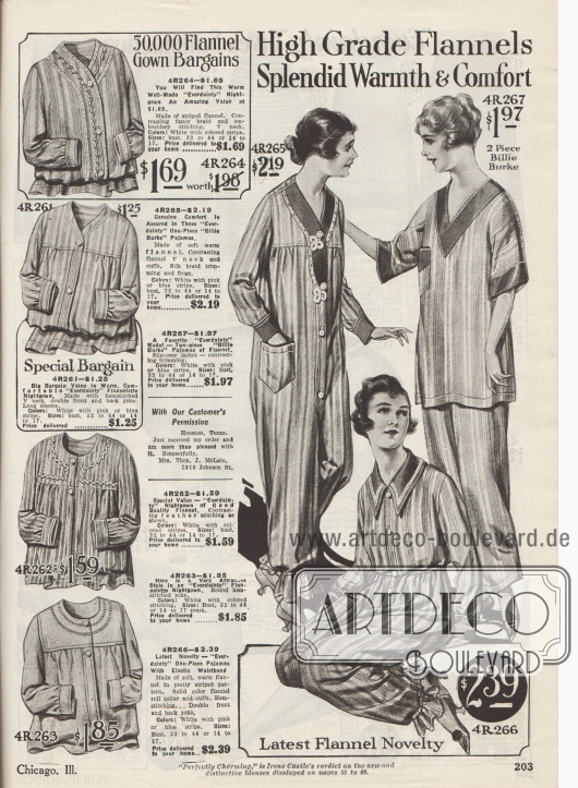 „Hochwertige Flanellgewebe – Herrliche Wärme & Komfort“ (engl. „High Grade Flannels – Splendid Warmth & Comfort“).
Nachtgewänder und lange Nachthemden (links) sowie ein- und zweiteilige Pyjamas (rechts) aus gestreiften Flanellstoffen der US-Marke Everdainty. Die Nachthemden sind versehen mit zurückhaltenden Stickereien oder Hohlnähten. Die „Billie Burke“ Pyjamas, die durch die US-Filmschauspielerin Billie Burke (1884-1970) 1917 populär wurden, sind entweder einteilig mit Frontknopfleiste oder bestehen aus Hemd und Nachthose. Die einteiligen Pyjamas sind an den Knöcheln mit Gummizug zusammengefasst, das linke Modell ist mit Posamenten ausgestattet.