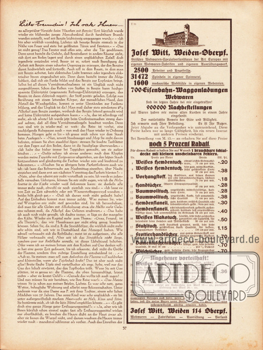 Artikel:
Paula, Anna, Liebe Freundin! Ich rate Ihnen... .
Werbung:
Josef Witt, Weiden 114 Oberpfalz.