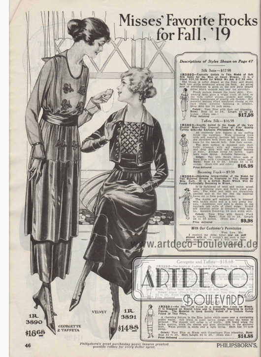 „Beliebteste Kleider für junge Frauen für Herbst 1919“ (engl. „Misses‘ Favorite Frocks for Fall, ’19“).
Zwei elegante Nachmittagskleider aus Georgette mit Taft kombiniert oder Samt für junge Frauen von 16 bis 20 Jahren.
Das erste Modell ist ebenso für den Nachmittag als auch für den Abend nutzbar. Brust und Schoß sind mit dezenter und farblich abgestimmter Stickerei belebt. Ein Gürtelband aus Taft fasst das Kleid und die darüber liegende Tunika zusammen.
Die charmante Besonderheit des zweiten Modells ist das boleroartige Eton Jäckchen, das sich über einem kontrastierenden Popeline Einsatz öffnet. Gitterartig verarbeitete Seidenborte bedeckt die Weste. Kragen ebenfalls aus Popeline. Einfassborte aus Seide berandet das Jäckchen und Seidentresse belebt Rock und Manschetten.