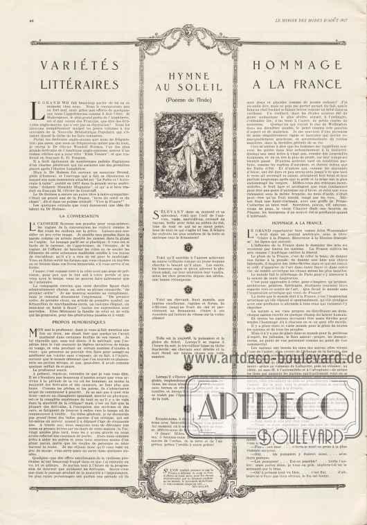 Artikel:
O. V., Variétés Littéraires. Hommage a la France (La conversation, propos humoristiques, hommage a la France);
o. V., Hymne au soleil (Poème de l’Inde);
Michelet, Si l’on voulait entasser ce que la France a dépensé de sang et d’or, d’efforts de toute sorte, pour les choses désintéressées qui ne devaient profiter qu’au monde, la pyramide de la France irait montant jusqu’au ciel… .