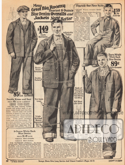 Arbeitskleidung für Männer, junge Männer und Jungen von 6 bis 16 Jahren.
Angeboten werden hier Overalls und Jacken aus Indigo blauem Denim (Jeansstoff) und Khakigewebe in schweren Qualitäten. Verstärkte Nähte gewährleisten Belastungsfähigkeit und Langlebigkeit der Arbeitskleidung. Taschen und Brusttaschen für den praktischen Nutzen.