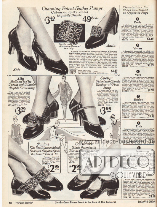 Dezente und kleidsame Pumps, Oxfords und Schnallenschuhe aus Lackleder kombiniert mit hellem Leder oder Ledern mit Reptiliennarbung für Damen.
Das Pump Modell oben kann zusätzlich mit einer Brosche aus kleinen Kunstperlen, dass mit einer Spange leicht und einfach befestigt wird, verschönt werden und erhält so das Aussehen eines Kolonialpumps. Die Damenschuhe werden entweder mit niedrigen Absätzen (Militärabsätze), mittelhohen, dicken kubanischen Absätzen oder spitzen schlanken und hohen Absätzen („spike heel“) geliefert.
