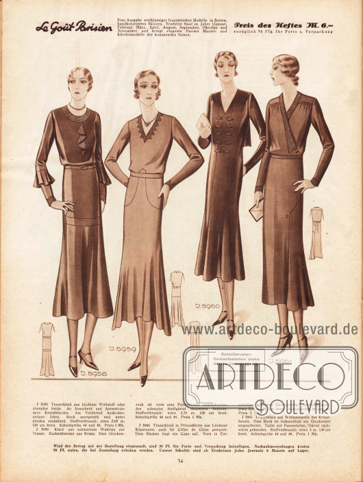 5958: Trauerkleid aus leichtem Wollstoff oder stumpfer Seide. An Ausschnitt und Ärmelrändern Kreppblenden. Am Vorderteil kaskadenartiges Jabot. Rock quergeteilt und unten glockig ausfallend.
5959: Kleid aus schwarzem Wollrips zur Trauer. Zackenblenden aus Krepp. Dem Glockenrock ist vorn eine Pattenblende angeschnitten. Am schmalen Stoffgürtel rückwärts Schleife.
5960: Trauerkleid in Prinzeßform aus Lindener Körpersamt, auch für Crêpe de Chine geeignet. Dem Rücken liegt ein Cape auf. Vorn in Einschnitten gehaltene Garniturteile.
5961: Trauerkleid aus Wollgeorgette mit Kreppbesatz. Dem Rock ist linksseitlich ein Glockenteil eingearbeitet. Taille mit Passenteilen, Gürtel rückwärts gebunden.