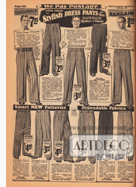 „Modische Anzughosen für Männer“ (engl. „Sylish Dress Pants for Men“).
Die elf Anzughosen und Bundfaltenhosen sind aus Woll-Flanell, Woll-Kaschmir und Woll-Serge. Die Hosenaufschläge haben eine Weite von 17 bis 20 Inch (43,2 bis 50,8 cm).
Besonders extravagant ist das Modell „Tangorilla“ oben links in auffälliger Streifenmusterung. Zu der Hose gehört ein Lackleder-Gürtel mit eingestanzten Nieten und Metall-Gürtelschnalle.