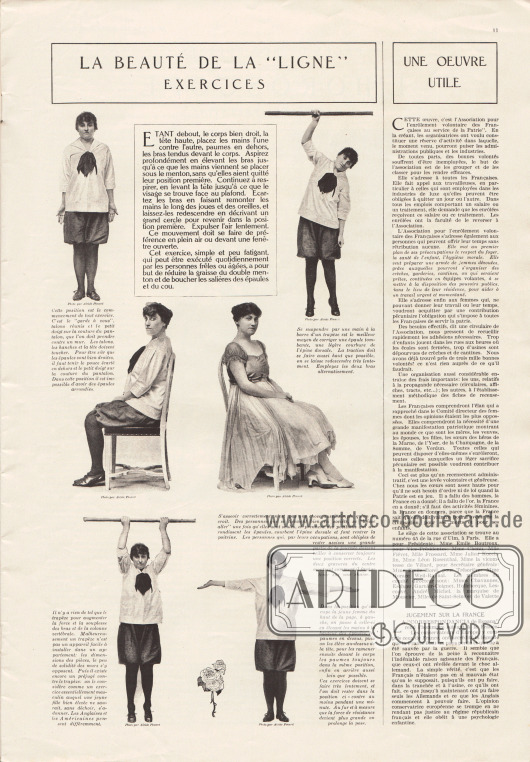 Artikel:
O. V., La Beauté de la „Ligne“. Exercices;
o. V., Une Œuvre Utile;
o. V., Jugement sur la France.
Fotos: Alcide Pinard (Lebensdaten unbekannt).