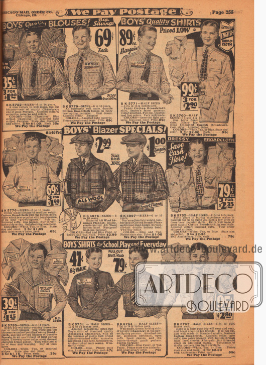 Farbige und bunt gemusterte Anzughemden sowie für Sport, Schule und Alltag aus Chambray, Baumwoll-Breitgewebe, importiertem englischen Breitgewebe und Amoskeag Chambray (hergestellt von der Amoskeag Manufacturing Co. in Manchester, New Hampshire, USA).
In der Mitte werden zwei Holzfällerjacken (Blazer, Sportjacke, engl. „Lumberjack“) aus Woll-Flanell und Baumwoll-Flanell gezeigt. Das linke Modell wird mit Reißverschluss getragen.
