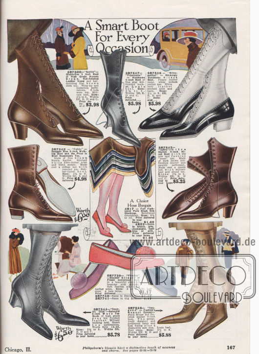 „Ein schicker Stiefel für jede Gelegenheit“ (engl. „A Smart Boot For Every Occasion“).
Damenstiefel zum Schnüren aus Juchtenleder, schwarzem Lackleder und weißem Nubukleder (Rauleder) kombiniert oder aus Chevreauleder (Ziegenleder). Geschwungene Louis XIV Absätze oder etwas niedrigere Militärabsätze stehen zur Auswahl. Stiefel mit leichten Ziernähten und Perforationen.
In der Mitte werden recht dunkelfarbige Seidentrümpfe für Damen sowie Hauspantoffeln (hier engl. „Boudoir Slipper“) aus Kanevas mit Pompon angeboten.