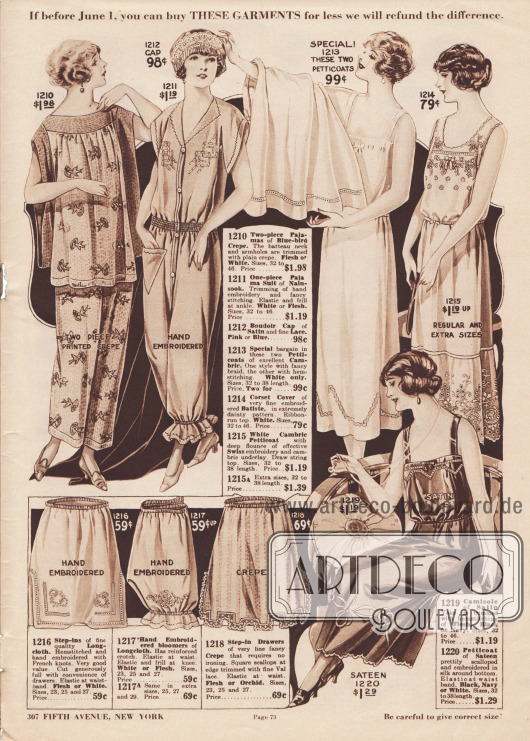 Schlafanzüge, Pyjamas, Nachthemden, Boudoir Hauben, Unterröcke (Petticoats), Höschen und Pumphöschen aus bedrucktem Kreppstoff, Nainsook (besonders leichter Musselin), Satin und Spitze, „Longcloth“ (engl. Baumwollgewebe, schwerer als Batist) und Batist.
Bei den Pyjamas oben links handelt es sich um ein zweiteiliges Modell mit weitem Oberhemd und rechts daneben um ein einteiliges Modell. Rechts daneben befinden sich drei Unterröcke (darunter ein Unterrock mit Hemd) mit Stickereien und Durchbruchstickerei. Unten links sind zwei Schlupfhöschen und ein Pumphöschen zu sehen – alle bestickt oder mit Spitze versehen.