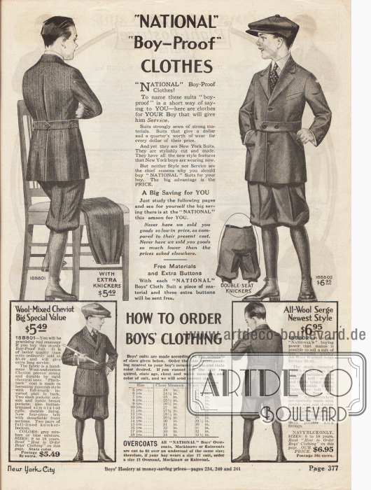 „‚Nationals’ ‚Jungengeprüfte’ Kleidung“ (engl. „‚NATIONAL’ ‚Boy-Proof’ CLOTHES“).
Schul- und Alltagsanzüge für Jungen im Alter von 9 bis 18 Jahren. Die beiden einreihigen Anzüge mit kurzen Hosenbeinen (Knickerbocker) sind aus Woll-Serge mit geringer Beimischung von Baumwolle oder reinem Woll-Serge. Die linke Anzugjacke zeigt eine breite Rückenfalte, die mehr Bewegungsfreiheit ermöglicht. Die rechte Jacke zeigt mehrere Abnäher im Rücken. Der linke Anzug wird mit einem zusätzlichen Hosenpaar geliefert, während bei der rechten Anzughose der Hosenboden verstärkt ist.
Unten auf der Seite befindet sich zudem ein Hinweis mit Maßtabelle wie Kleidung für Jungen passend bestellt wird.