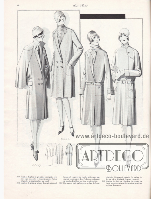 8557: Manteau de pluie en gabardine imprégnée, avec une cape rapportée à l’empiècement. Poches originales et semi-ceinture en pareil.
8558: Manteau de pluie en lainage diagonal, s’évasant largement à partir des épaules et formant une couture au milieu du dos. Poches se continuant en bandes. Doublure en tissu caoutchoutisé.
8559: Manteau de pluie en burberry anglais, de forme ceinturée, légèrement blousée. Au milieu du dos un pli se défaisant. Echarpe en pareil.
8560: Manteau de pluie en gabardine imprégnée, de forme blousée, ceinturée. Col-montant; doublure en tissu floconneux.