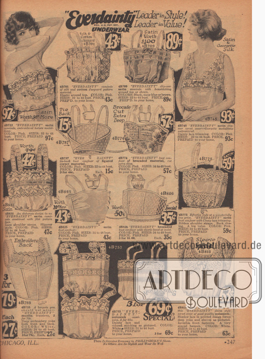 „Camisoles“ (Damenuntertaillen), „slip-over corset covers“ (kurze Hemdchen zum Tragen über dem Korsett), „bust confiners“ (die Vorläufer der modernen Büstenhalter) und „brassieres“ (Büstenhalter).
Viele „camisoles“ und „bust confiners“ besitzen ein eingenähtes elastisches Band unterhalb der Brüste, um einen festen Sitz zu gewährleisten. Die Unterwäsche besteht aus Satin, Musselin, Nainsook (eine Art Baumwollstoff), Baumwollmischstoffen und besitzen Verzierungen aus Spitzenstoffen oder Stickereien. Die vorrangigen Farben sind Weiß und Rosa.