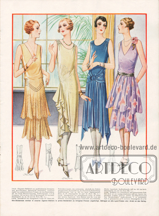 4043: Elegantes Ballkleid aus modefarbenem Georgette und gleichfarbigem Spitzenstoff kombiniert. Letzterer ergibt die rundgeschnittenen Volants, die den Rock bilden. An der Taille Biesenverzierung.
4044: Abendkleid aus mattgrünem Crêpe de Chine mit Perlstickereimotiv, das rechtsseitig, oberhalb des Faltenarrangements, angebracht ist. An den Achseln Reihziehung.
4045: Abendtoilette aus mittelblauem Crêpe de Chine mit weitem Zipfelrock. Dem Rücken sind die vorn mit Schnalle zusammengehaltenen Gürtelteile angeschnitten. Ovaler Ausschnitt.
4046: Ballkleid aus einfarbigem und gemustertem Taft. Der Rock ist aus rundgeschnittenen und am Ansatz eingereihten Volants gebildet. Gürtel aus Silberlaméband mit Metallschnalle.