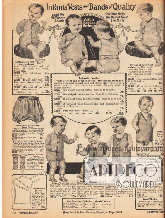 „Baby-Westchen und Qualitätsbauchbinden“ (engl. „Infants Vests and Bands of Quality“).
Westen und Strampler aus Wolle und Baumwolle sowie aus gekämmter Baumwolle. Die Stoffe sind gerippt und die Strampelanzüge werden über Knopfleisten in der Front geschlossen. Des Weiteren werden atmungsaktive Babyhöschen, Strumpfbänder, Drahtrahmen zum Trocknen von Babywäsche und gewebte Bauchbinden offeriert.