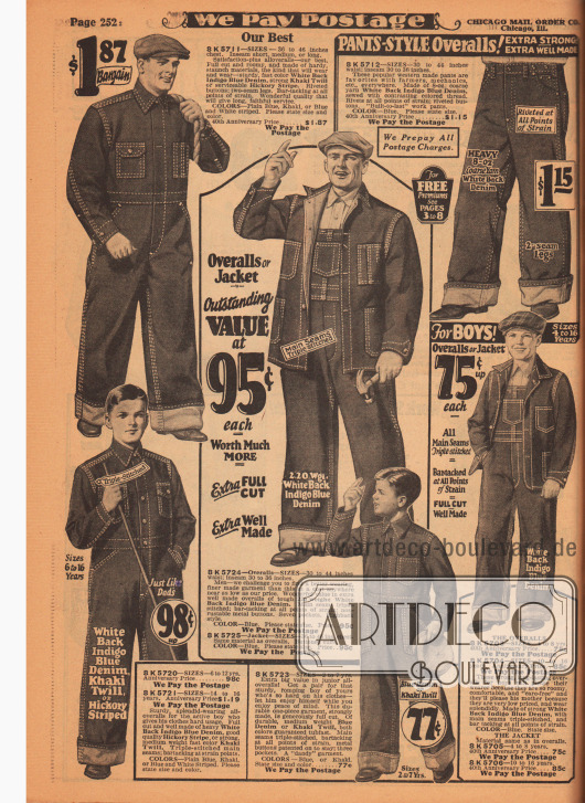 Arbeitskleidung für Männer und Jungen von 4 bis 16 Jahren. Im Angebot sind Overalls, Jacken und Hosen aus Indigo Blue Denim (Jeansstoff) und Khakigewebe. Verstärkte Nähte gewährleisten Belastungsfähigkeit und Langlebigkeit der Arbeitskleidung. Taschen und Brusttaschen für den praktischen Nutzen.