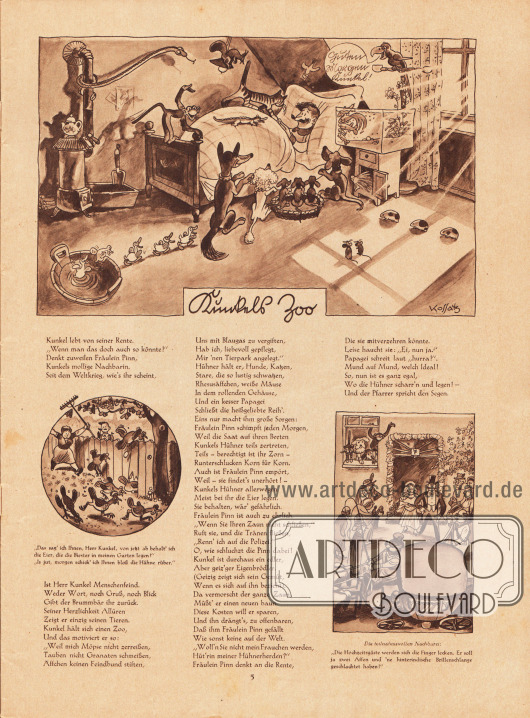 Artikel (Reime):
O. V., Kunkels Zoo.
Zeichnungen/Illustrationen: Hans Kossatz (1901-1985).