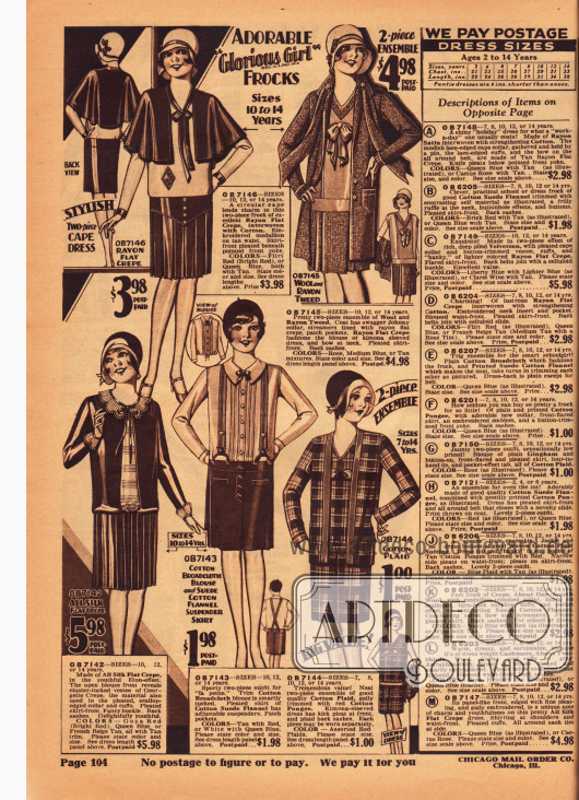 Kleider und Ensembles für Mädchen zwischen 7 und 14 Jahren.
Oben links wird ein Kleid mit Cape aus Rayon Krepp und Baumwolle gezeigt. Es folgt ein Ensemble aus Wolle und Rayon-Tweed sowie Rayon Krepp, unten links ein Kleid aus Seiden Krepp, dann ein einfaches Sportensemble aus Baumwoll-Breitgewebe und Baumwoll-Flanell und schließlich ein zweiteiliges Ensemble aus karierter Baumwolle.