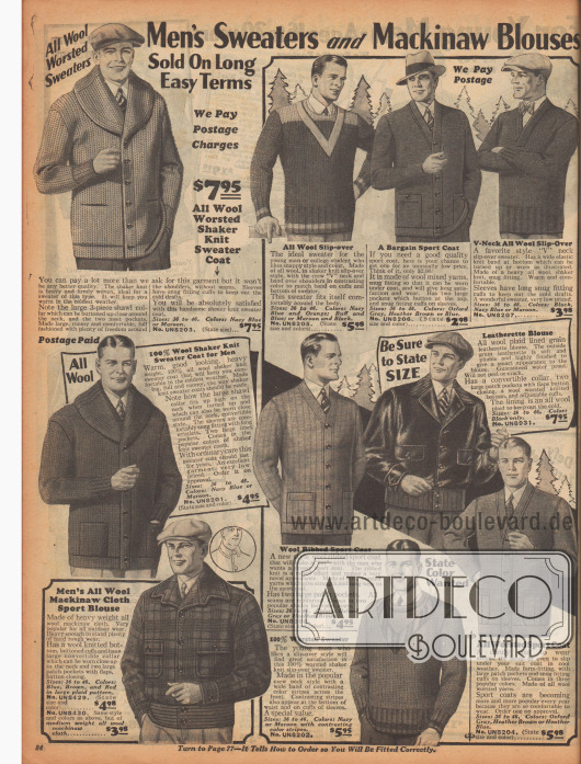 „Pullover und Mackinaw Jacken für Männer. Verkauft zu langfristigen, günstigen Kreditkonditionen“ (engl. „Men’s Sweaters and Mackinaw Blouses. Sold on On Long Easy Terms“).
Strickjacken (Cadigans), Strickpullover aus dicken Wollstoffen für kalte Wintertage in der freien Natur oder für Outdoor-Sport. Viele Strickjacken besitzen auf- oder eingearbeitete Taschen.
Des Weiteren werden auf dieser Seite auch eine Lederjacke mit konvertierbarem Kragen und mit Woll-Futter sowie eine Mackinaw-Jacke aus karierter, wasserabweisender Mackinaw-Wolle in schwerer Qualität mit gestricktem Woll-Bündchen angeboten.