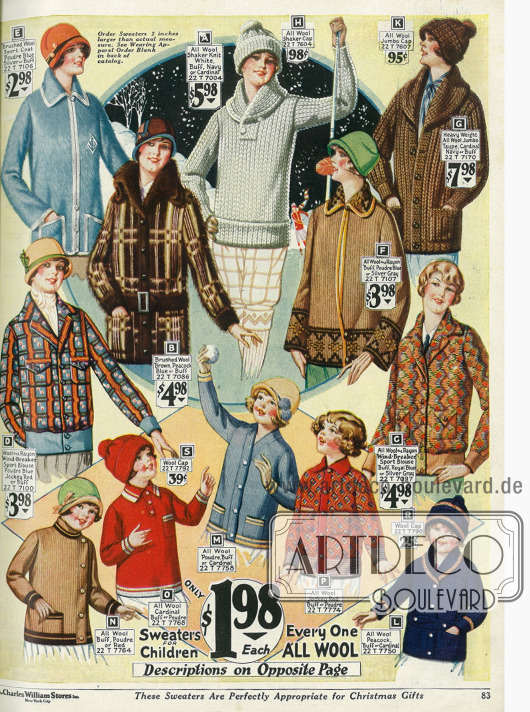 Für den Wintersport: Sportblusen, Pullover und Strickjacken mit passenden Wollmützen für Damen und kleine Mädchen aus Wollstoffen.