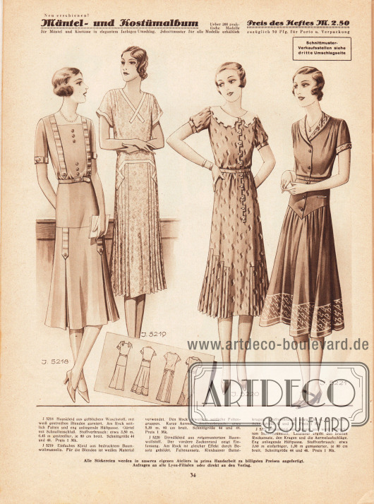 5218: Hauskleid aus gelblichem Waschstoff, mit weiß gestreiften Blenden garniert. Am Rock seitlich Falten und eng anliegende Hüftpasse. Gürtel mit Schnallenschluß.
5219: Einfaches Kleid aus bedrucktem Baumwollmusselin. Für die Blenden ist weißes Material verwendet. Den Rock erweitern seitliche Faltengruppen. Kurze Ärmel.
5220: Dirndlkleid aus rotgemustertem Baumwollstoff. Der vordere Zackenrand zeigt Einfassung. Am Rock ist gleicher Effekt durch Besatz gebildet. Faltenansatz. Kleidsamer Batistkragen.
5221: Hauskleid aus blauem und weiß bedrucktem Indanthrenstoff. Letzterer ergibt den breiten Rockansatz, den Kragen und die Ärmelaufschläge. Eng anliegende Hüftpasse.