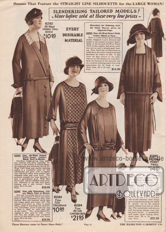 „Verschlankend geschneiderte Modelle!“ (engl. „Slenderizing Tailored Models!“).
Tages- und Nachmittagskleider aus Woll-Serge, Seiden-Tricosham, Seiden-Kanton Krepp und Poiret Wolle für Damen mit fülliger Figur.
Oben links ein Mantelkleid mit Spitzenkragen. Rechts daneben ein Modell mit besticktem Frontpanel. Das dritte Kleid zeigt lange Stoffstreifen, die bis auf den Gürtel greifen. Rechtsseitig an der Brust eine schmale Reihenziehung. Das vierte Kleid zeigt die so beliebte „tuxedo front“ und vertikale Seidenstickerei.