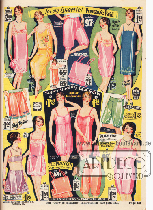 Damenunterwäsche aus Seide, Crêpe de Chine, Rayon und Spitze. Präsentiert werden hier lange Unterhemden, ein Nachthemd, Pumphöschen, Hemdchen und Höschen, einteilige Hemdhöschen und ein Bustier mit Höschen.