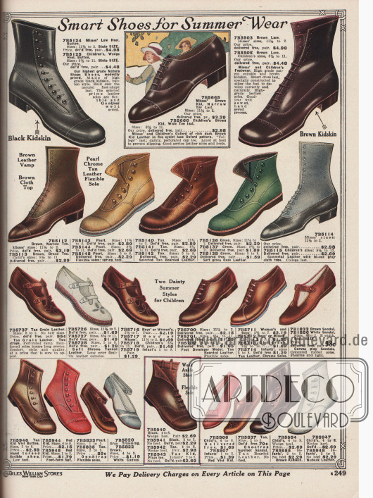 „Elegante Schuhe für die Sommermode“ (engl. „Smart Shoes for Summer Wear”).
Bequeme, teilweise farbige Stiefeletten, halbhohe Stiefeletten, Halbschuhe und Sandalen mit niedrigen oder flachen Absätzen und biegsamen Gummisohlen für 3 bis 14-jährige Mädchen. Im unteren Seitenbereich sind auch einzelne Modelle für Jungen bis 4 Jahre untergebracht.
Die Schuhmodelle sind aus Chevreauleder (Ziegenleder), „Vici“-Chevreauleder, „Ooze Leather“ (dt. Kalbs- oder auch Schafsleder), Nubuk Leder (Rauleder) oder Kanevas. Zwei Schuhpaare sind mit Schaften aus Stoff versehen.