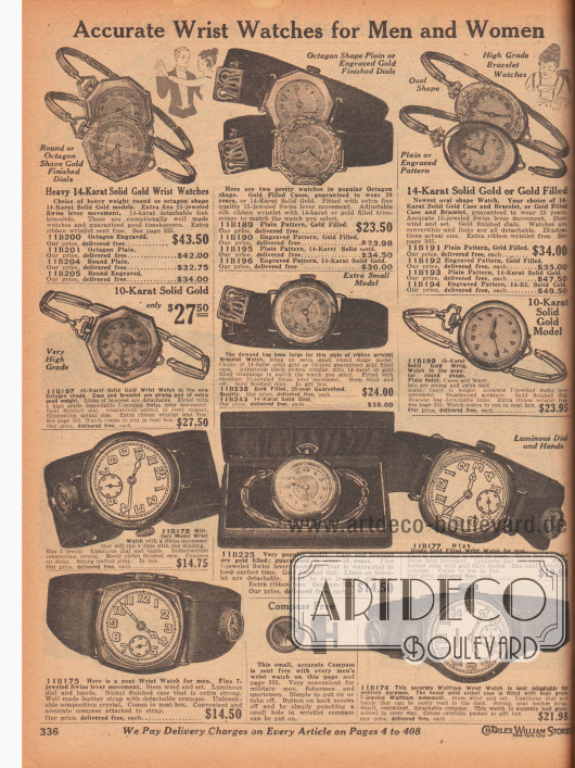„Präzise Armbanduhren für Männer und Frauen“ (engl. „Accurate Wrist Watches for Men and Women“).
Die Armbanduhren für Damen sind anhand der feinen Armbänder auszumachen, die Armbanduhren der Herren sind mit einem breiten Armband ausgestattet. Die Gehäuse der Uhren sind erhältlich in den Formen oval, rund oder oktogonal (achteckig), einige sind ornamental graviert. Bei einzelnen Uhren leuchten die Zifferblätter und Zeiger im Dunkeln. Die Modelle werden mit bis zu 25 Jahren Garantie angeboten.
Alle Armbanduhren für Herren auf dieser Seite werden mit einem kostenlosen Kompass geliefert (siehe Unten).