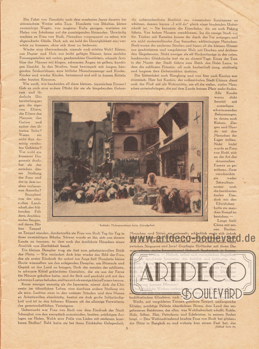 Artikel:
Liebmann, Margarete, Weltreise einer Schweizerin vor dreißig Jahren.
Die Fotografie im Zentrum der Seite hat die Bildunterschrift „Indische Mohammedaner beim Abendgebet“.
Foto: Cäcilie von Rodt (1855-1929).