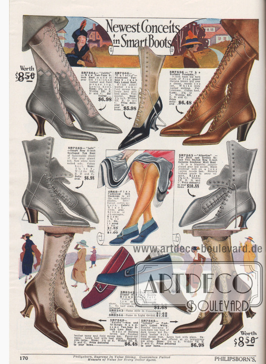 „Neueste Eingebungen für elegante Stiefel“ (engl. „Newest Conceits in Smart Boots“).
Schnürstiefel aus Chevreauleder (Ziegenleder) oder Lackleder. Mehrere Modelle zeigen einen farblich abstechenden Schaft aus hellem Leder, meist im Farbton Mausgrau. Die Stiefel zeigen wahlweise leicht geschwungene, grobe kubanische Absätze oder geschweifte, schlanke Louis XIV Absätze. Damenschuhe mit spitzen Kappen.
In der Mitte werden Damenstrümpfe aus Seide und in der Mitte unten Filzpantoffeln bzw. Hausschuhe mit Ledersohlen in verschiedenen Farben angeboten.