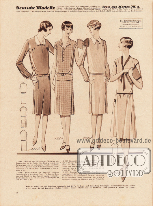 5995: Hauskleid aus mittelfarbigem Wollkrepp mit Passenteilung an der Taille. Den Rock erweitert eine Faltengruppe, die mit aufgesetzter Tasche abschließt. Die weiße Garnitur zeigt Hohlnahtverzierung.
5996: Wirtschaftskleid aus blau-weiß kariertem Woll-Musselin in ärmelloser Form. Für Kragen, Blenden und Gürtel ist das Material schräg verwendet.
5997: Hauskleid aus blau-weiß gestreiftem Waschstoff in blusiger Verarbeitung. Die seitlichen Gegenfalten am Rock enden an aufgesetzten Taschen. Kragen und Taschenpatten aus weißem Rips.
5998: Hauskleid aus blaugrauem Waschstoff mit enganliegender Taille und mäßig gereihtem Rock. Für die Garnierung ist marineblaues Material verwendet. Rechts aufgesetzte Tasche.