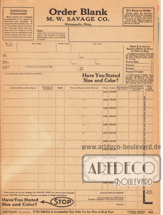Eingebundener Bestellschein der Firma M. W. Savage Company, Minneapolis, Minnesota, auf der die Adresse, die gewünschten Artikel und der Gesamtbetrag zusammengerechnet werden muss. Porto und Versandkosten müssen zuletzt addiert werden.