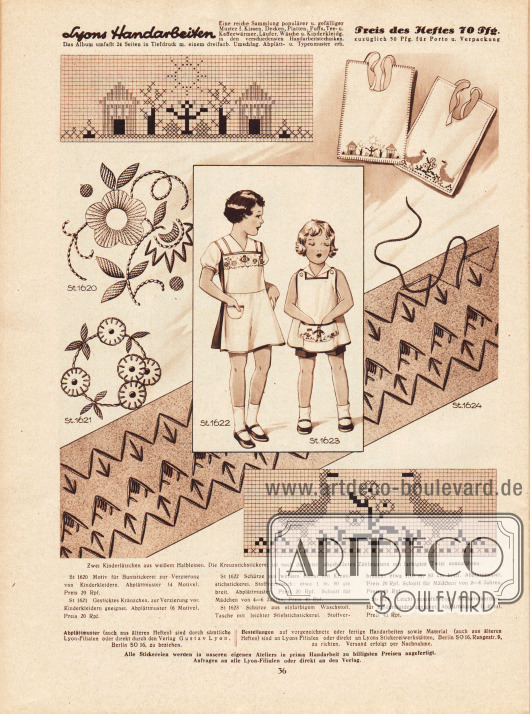 St1620: Motiv für Buntstickerei zur Verzierung von Kinderkleidern.
St1621: Gesticktes Kränzchen, zur Verzierung von Kinderkleidern geeignet.
St1622: Schürze aus weißem Batist mit Kreuzstichstickerei. Schnitt für Mädchen von 4 bis 6 Jahren.
St1623: Schürze aus einfarbigem Waschstoff. Tasche mit leichter Stielstichstickerei. Schnitt für Mädchen von 2 bis 4 Jahren.
St1624: Leicht auszuführende Stickereibordüre, für Kinderkleider geeignet.