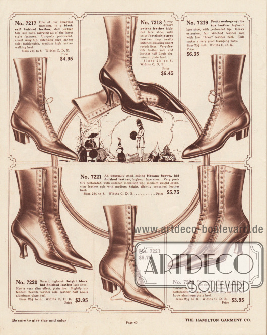 Damenstiefel zum Schnüren aus schwarzem Kalbsleder, Lackleder, mahagoni-farbenem „lotus“-Leder oder auch Havanna-farbenem Chevreauleder (Ziegenleder). Die Oberteile (Schäfte) sind teilweise in Kontrast zum Rest des Schuhs aus mattem oder hellerem Leder.
Lochlinienperforationen verzieren die Modelle. Das Stiefelpaar 7221 ist auf der spitzen Kappe mit dekorativen Medaillon-Stichen ergänzt. Die Schuhe zeigen geschweifte Louis XIV Absätze, militärisch breite Laufabsätze oder relativ niedrige Wanderabsätze.