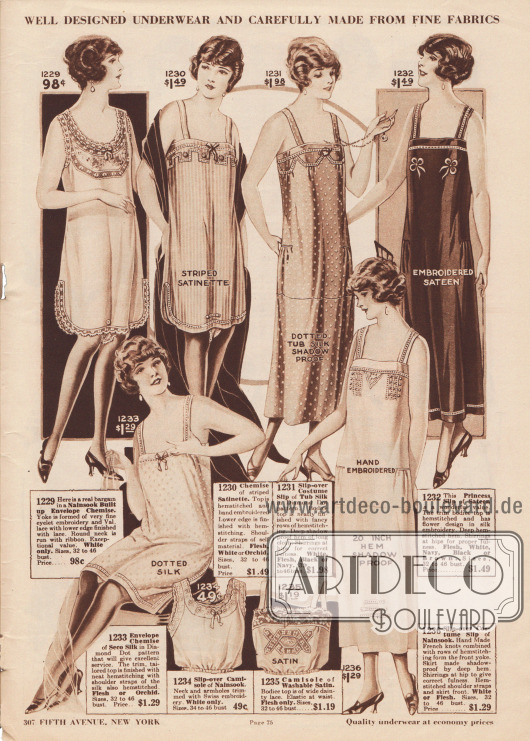 Unterhemden, Unterröcke und Damenuntertaillen aus Nainsook (besonders leichter Musselin), „Satinette“ (Satin) oder Seide für Frauen.
Die Damenunterwäsche zeigt Spitzenränder, Hohlsaumstickerei, von Hand ausgeführte Stickerei, kleine Schleifchen und Abnäher. Die Damenuntertaillen am unteren Seitenrand besitzen ein elastisches Bündchen unterhalb der Brust.