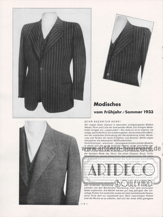 Text: „Modisches vom Frühjahr/Sommer 1933“ von Bruno Henschke sowie modische Maße für Sakkos und Herrenmäntel für Frühjahr/Sommer 1933.