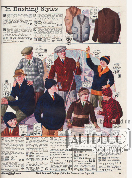 Winterkleidung aus Wolle für Männer und Jungen wie Mützen, Pullover, Jacken und Westen.