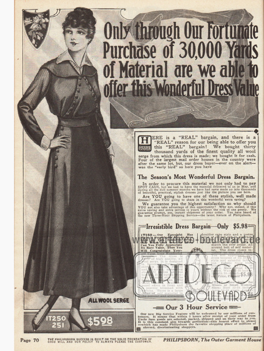 „Only through Our Fortunate Purchase of 30,000 Yards of Material are we able to offer this Wonderful Dress Value“ (dt. „Nur durch den Einkauf von fast 27.500 Meter Stoff sind wir in der Lage diese großartigen Kleider-Werte anzubieten“)
Damenkleid aus reinem Woll-Serge mit einem großen Frontpaneel, das mit vielen Knöpfen besetzt ist.