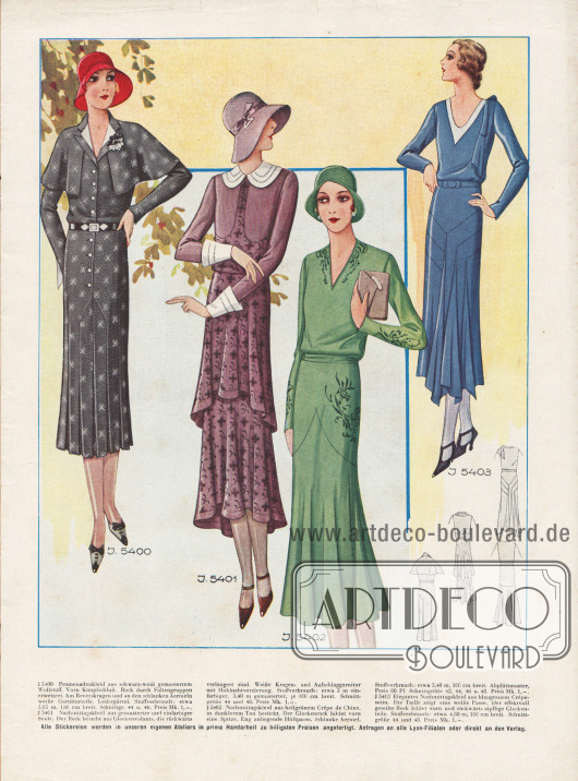 Drei Nachmittagskleider und ein Promenadenkleid (links).
V.l.n.r.: Schwarz-weiß gemustertes Wollstoffkleid mit Knopfschluss, Cape und Rock mit Faltengruppen.
Kleid mit Glockenvolants aus Seide und mit weißen Ärmelaufschlägen und Kragen.
Hellgrünes Crêpe de Chine mit dunklen Stickereien und eng anliegender Hüftpasse.
Das letzte Kleid aus blaugrauem Crêpe-Satin zeigt einen effektvoll geteilten Rock mit zipfeligen Glockenteilen.
