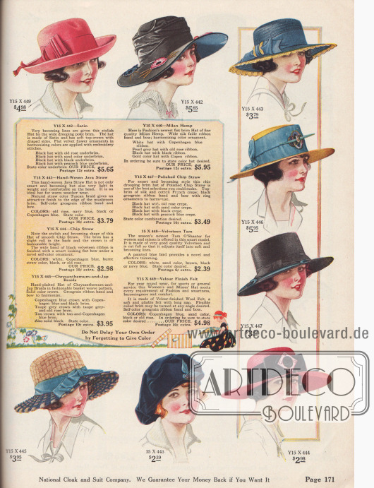 Doppelseite mit eleganten und kleidsamen Damenhüten für Strand, Sport, Stadt oder Kurort. Die Hüte sind aus Stroh, Filz, Satin, Hanf und Velours. Unten in der Abbildung befinden sich zwei modische Schottenmützen (sog. Tam-o'-shanters) aus Kordsamt und Samt.