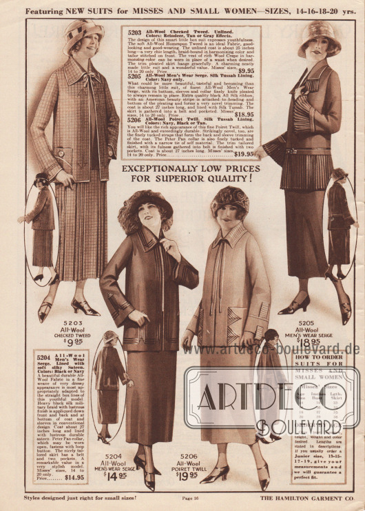 Kostüme aus kariertem Woll-Tweed, Woll-Serge oder Poiret Wolle für 9,95 bis 19,95 Dollar.
Die Jacke des ersten Kostüms wird nur über ein kleines Bändchen am Hals zusammengehalten. Aus demselben Material des Bändchens ist auch die Einfassborte hergestellt. Der Rock ist plissiert. Die beiden gleich geschnittenen Kostüme darunter sind mit dunkler bzw. heller Tresse aus Seide verziert. Für den Kragen, die Unterärmel und den Jackenschoß des vierten Modells ist sehr feiner Plisseestoff verwendet worden.